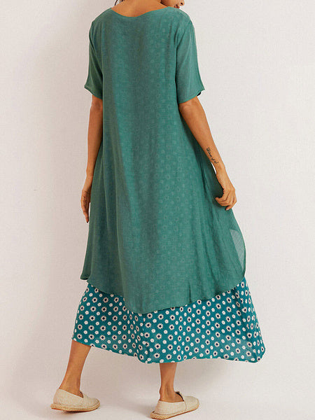 Short Sleeves Jewel Neck Irregular Hem Polyester Floor Length Maxi Dresses