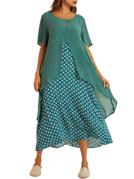 Short Sleeves Jewel Neck Irregular Hem Polyester Floor Length Maxi Dresses