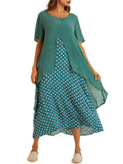 Short Sleeves Jewel Neck Irregular Hem Polyester Floor Length Maxi Dresses