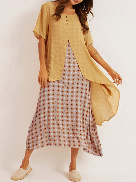 Short Sleeves Jewel Neck Irregular Hem Polyester Floor Length Maxi Dresses