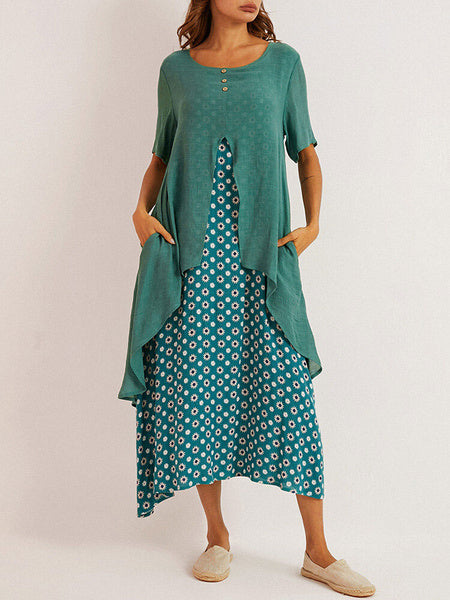 Short Sleeves Jewel Neck Irregular Hem Polyester Floor Length Maxi Dresses