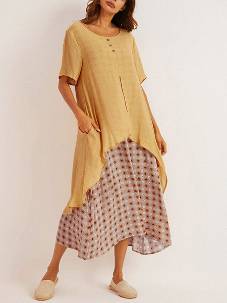 Short Sleeves Jewel Neck Irregular Hem Polyester Floor Length Maxi Dresses