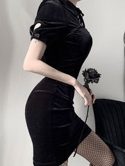 Short Sleeves Korean Velvet Cheongsam Short Bodycon Dresses