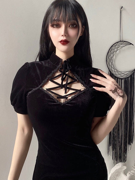 Short Sleeves Korean Velvet Cheongsam Short Bodycon Dresses
