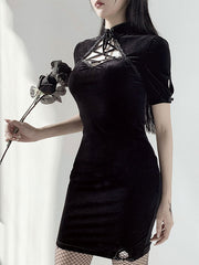 Short Sleeves Korean Velvet Cheongsam Short Bodycon Dresses