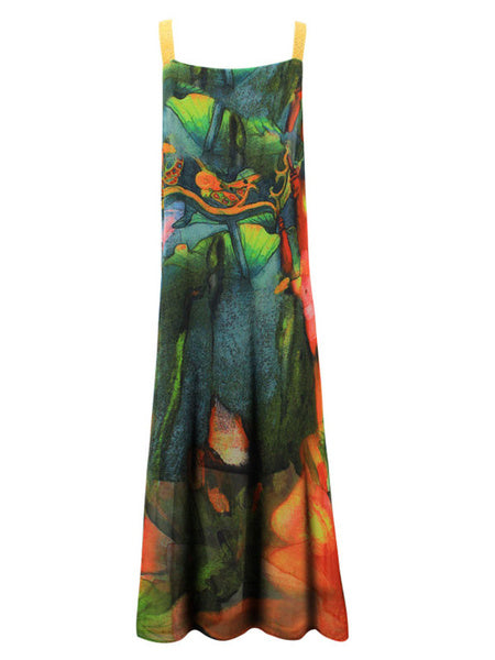 Short Sleeves Printed Straps Neck Polyester Floor Length Maxi Dresses