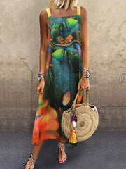 Short Sleeves Printed Straps Neck Polyester Floor Length Maxi Dresses