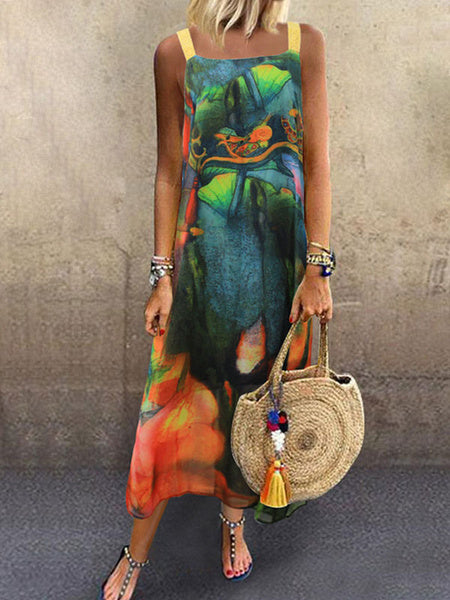 Short Sleeves Printed Straps Neck Polyester Floor Length Maxi Dresses