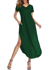Short Sleeves V-Neck Cotton Floor Length Maxi Dress