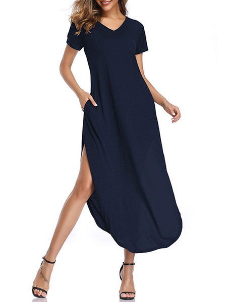 Short Sleeves V-Neck Cotton Floor Length Maxi Dress