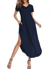 Short Sleeves V-Neck Cotton Floor Length Maxi Dress