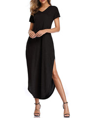 Short Sleeves V-Neck Cotton Floor Length Maxi Dress