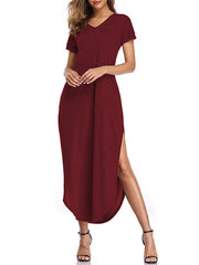 Short Sleeves V-Neck Cotton Floor Length Maxi Dress