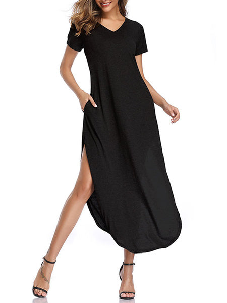 Short Sleeves V-Neck Cotton Floor Length Maxi Dress