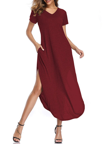 Short Sleeves V-Neck Cotton Floor Length Maxi Dress