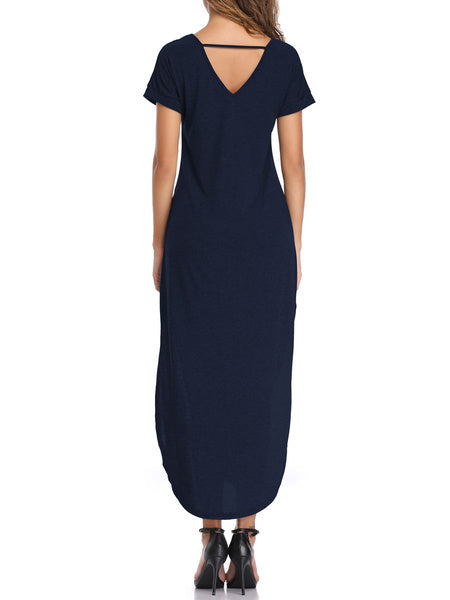 Short Sleeves V-Neck Cotton Floor Length Maxi Dress