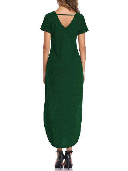 Short Sleeves V-Neck Cotton Floor Length Maxi Dress