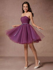 Short Tulle Strapless Homecoming Short Prom Backless Woven Cocktail Bridesmaid Dress With Sash
