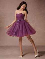 Short Tulle Strapless Homecoming Short Prom Backless Woven Cocktail Bridesmaid Dress With Sash