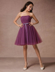 Short Tulle Strapless Homecoming Short Prom Backless Woven Cocktail Bridesmaid Dress With Sash