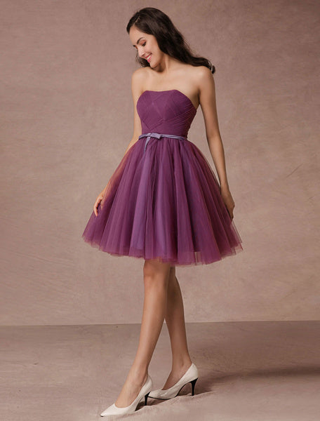 Short Tulle Strapless Homecoming Short Prom Backless Woven Cocktail Bridesmaid Dress With Sash