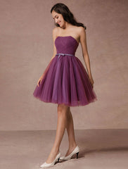 Short Tulle Strapless Homecoming Short Prom Backless Woven Cocktail Bridesmaid Dress With Sash