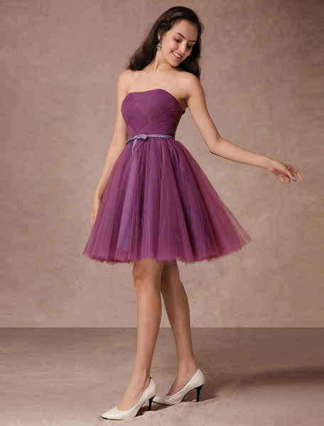 Short Tulle Strapless Homecoming Short Prom Backless Woven Cocktail Bridesmaid Dress With Sash