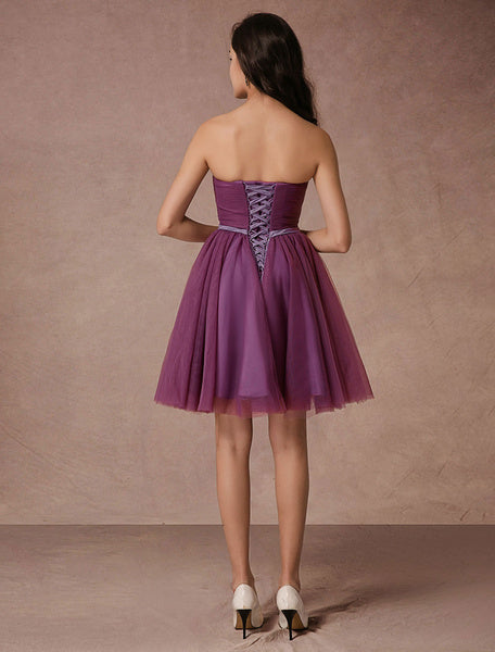 Short Tulle Strapless Homecoming Short Prom Backless Woven Cocktail Bridesmaid Dress With Sash