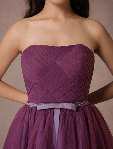 Short Tulle Strapless Homecoming Short Prom Backless Woven Cocktail Bridesmaid Dress With Sash