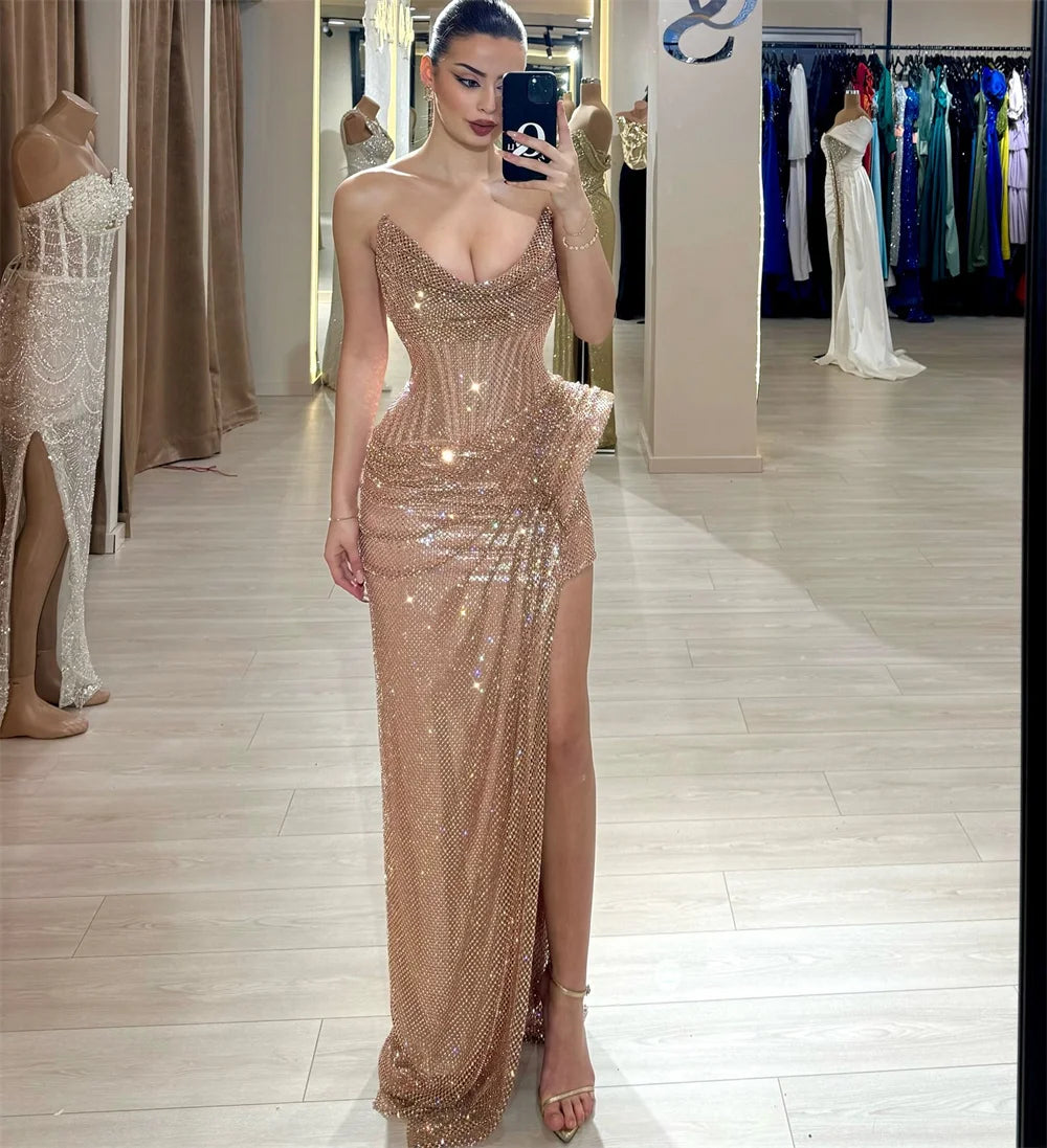 Side High Slit Pleated Sleeveless Mermaid Floor-length Strapless Evening Party Dress