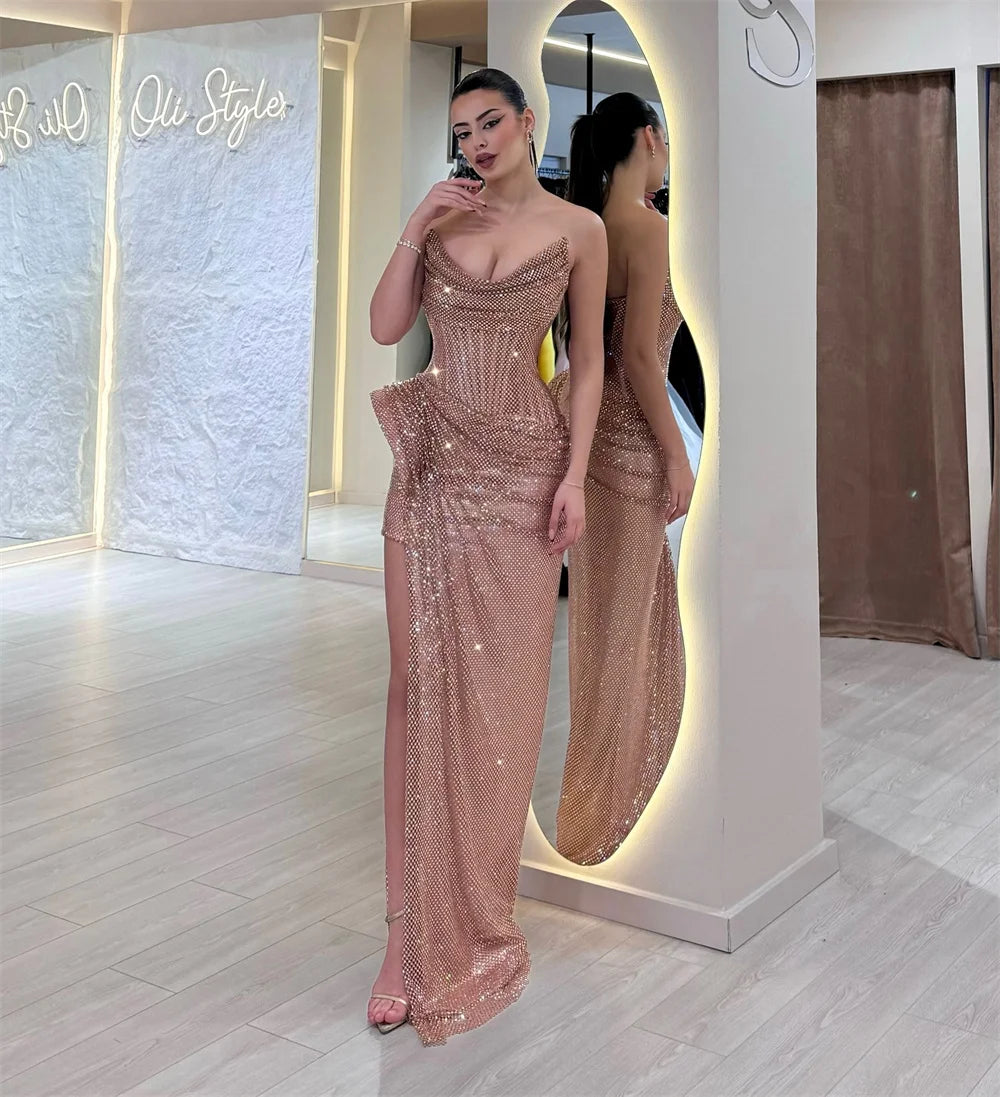 Side High Slit Pleated Sleeveless Mermaid Floor-length Strapless Evening Party Dress