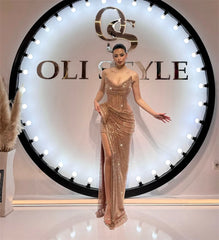 Side High Slit Pleated Sleeveless Mermaid Floor-length Strapless Evening Party Dress
