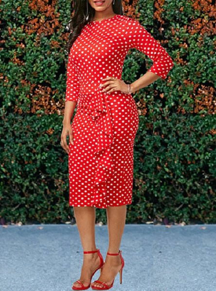 Side Riffle Polka Dot Three Quarter Length Sleeves Midi Dress