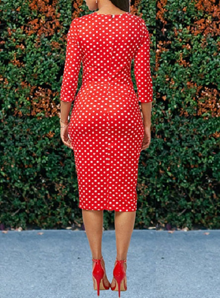 Side Riffle Polka Dot Three Quarter Length Sleeves Midi Dress