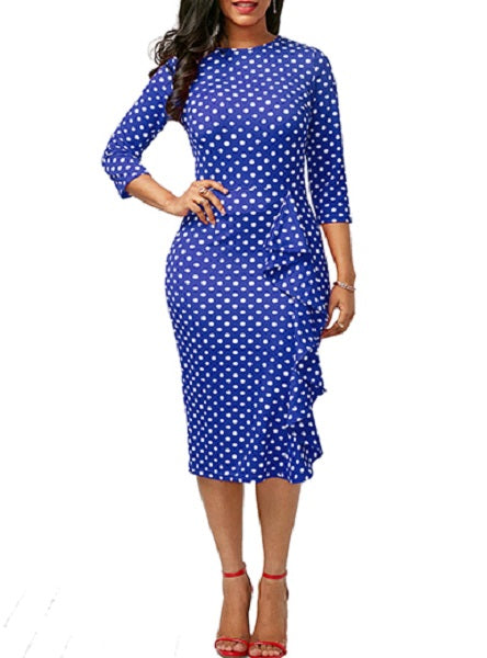 Side Riffle Polka Dot Three Quarter Length Sleeves Midi Dress