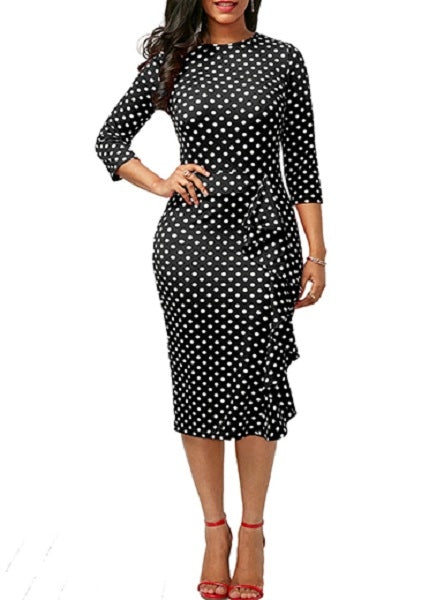 Side Riffle Polka Dot Three Quarter Length Sleeves Midi Dress