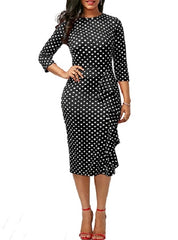 Side Riffle Polka Dot Three Quarter Length Sleeves Midi Dress