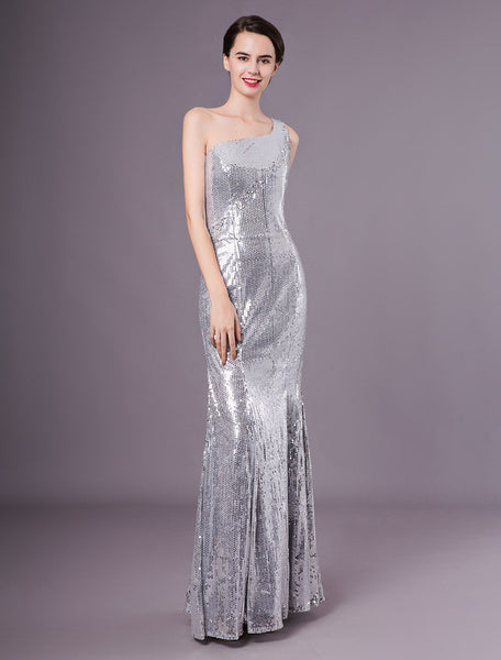 Silver Mermaid Sequined One-Shoulder Evening Dress