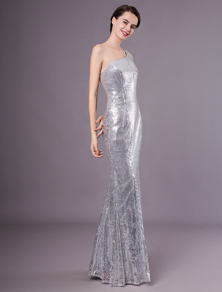 Silver Mermaid Sequined One-Shoulder Evening Dress