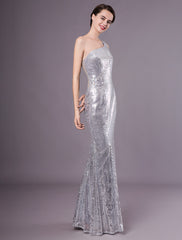 Silver Mermaid Sequined One-Shoulder Evening Dress