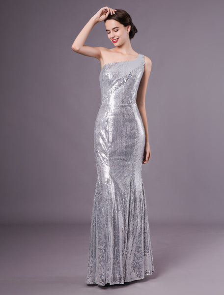 Silver Mermaid Sequined One-Shoulder Evening Dress