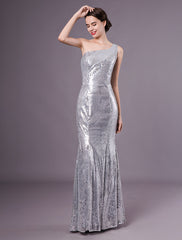 Silver Mermaid Sequined One-Shoulder Evening Dress