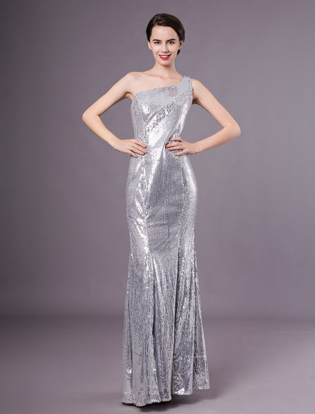 Silver Mermaid Sequined One-Shoulder Evening Dress
