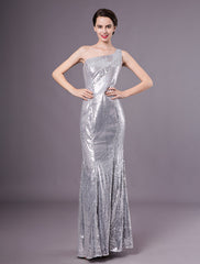 Silver Mermaid Sequined One-Shoulder Evening Dress