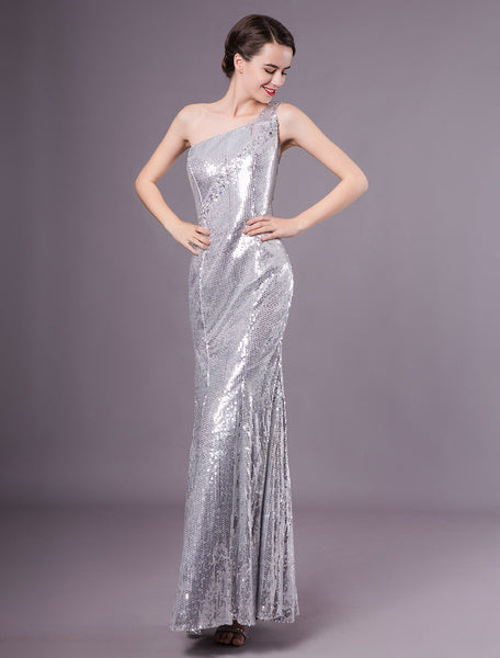 Silver Mermaid Sequined One-Shoulder Evening Dress