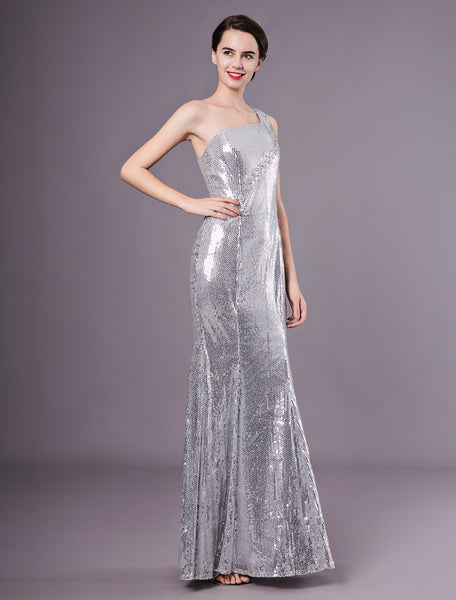 Silver Mermaid Sequined One-Shoulder Evening Dress
