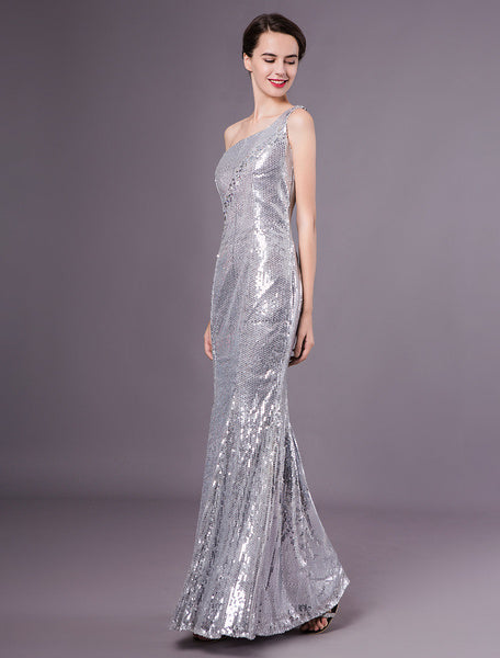 Silver Mermaid Sequined One-Shoulder Evening Dress