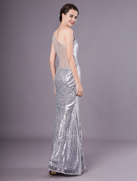 Silver Mermaid Sequined One-Shoulder Evening Dress