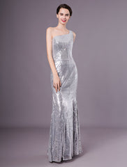 Silver Mermaid Sequined One-Shoulder Evening Dress