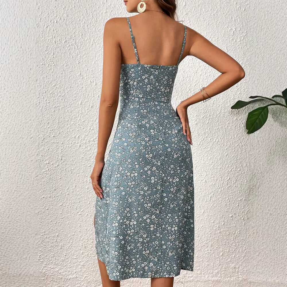 Simple Decent Floral Print Lace-Up Sleeveless Square Neck Slim Side Slit Midi Dress